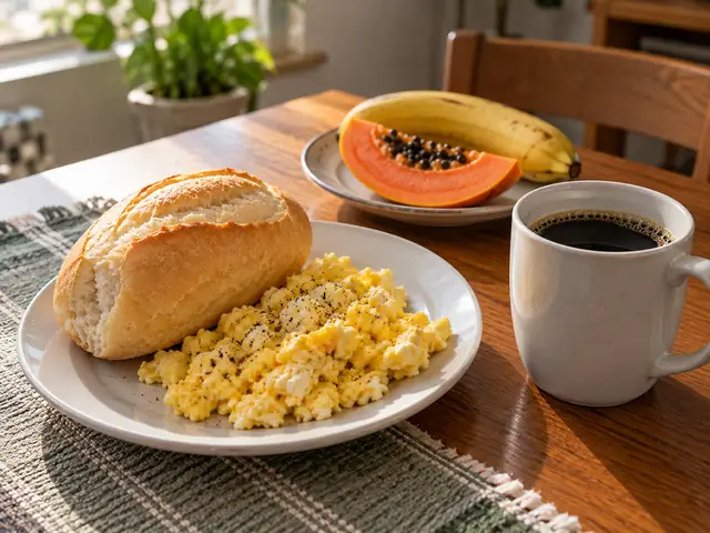 Café da manhã simples com pão francês, ovos mexidos, café, mamão e banana
