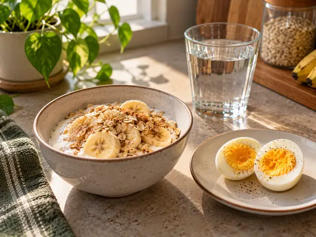 Iogurte com banana e aveia, ovo cozido e um copo d’água