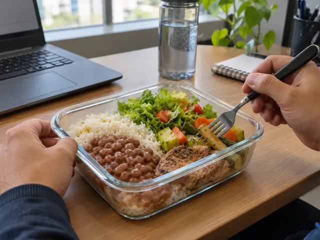 Marmita com arroz, feijão, salada, legumes e frango, aberta numa mesa de trabalho ao lado do notebook