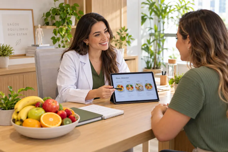 Nutricionista apresenta um plano alimentar em um tablet para a paciente