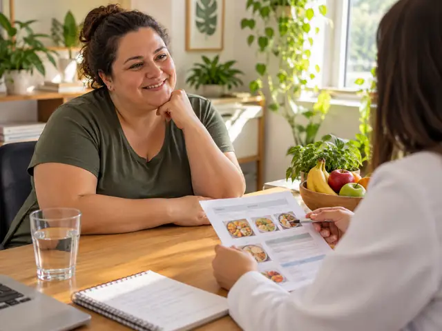 Paciente sorri enquanto a nutricionista mostra um plano alimentar impresso, numa mesa com frutas e um copo d’água