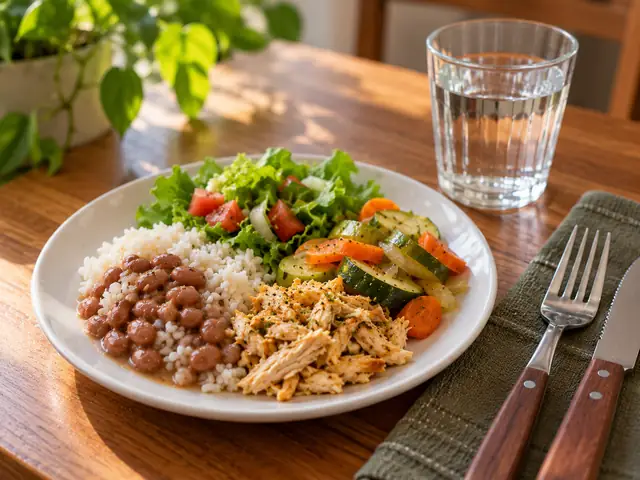 Prato com porção pequena de arroz, feijão, frango desfiado, legumes e salada, ao lado de um copo d’água